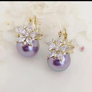NEW! Elegant Purple Pearl Floral Drop Earrings